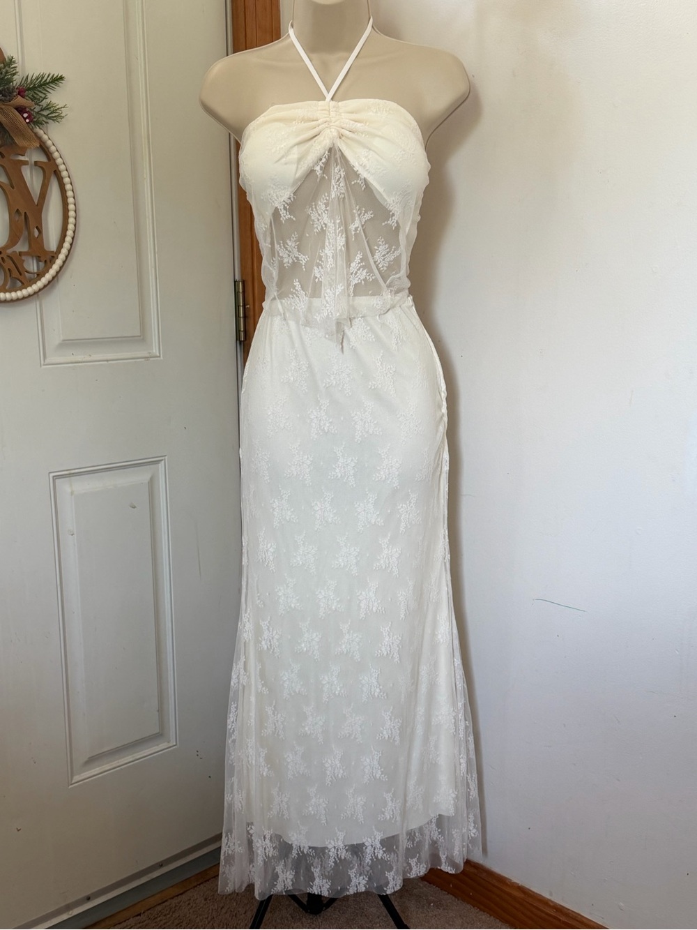 Ivory Lace Halter Sheer Maxi Dress